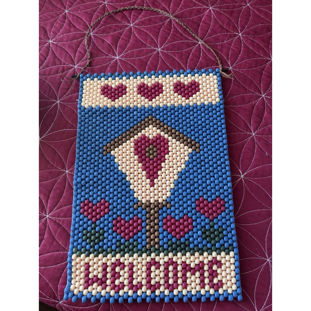 Vtg WELCOME SIGN 14"x10" Wal Beaded Hanging Birdhouse Hearts Farm Plaque